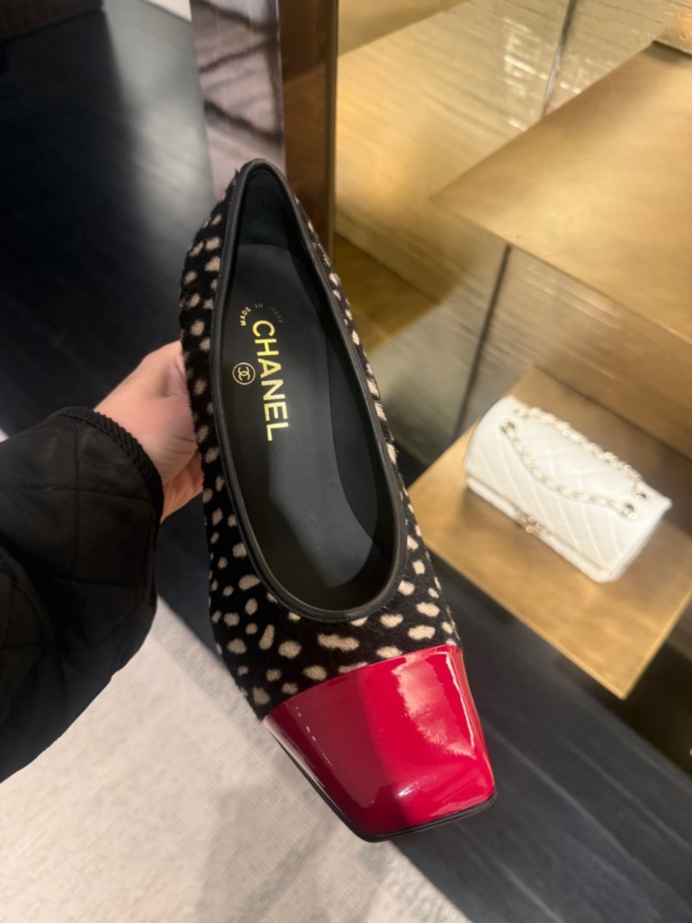 CHANEL Women's Pony Hair and Red Patent Cap-Toe Pumps